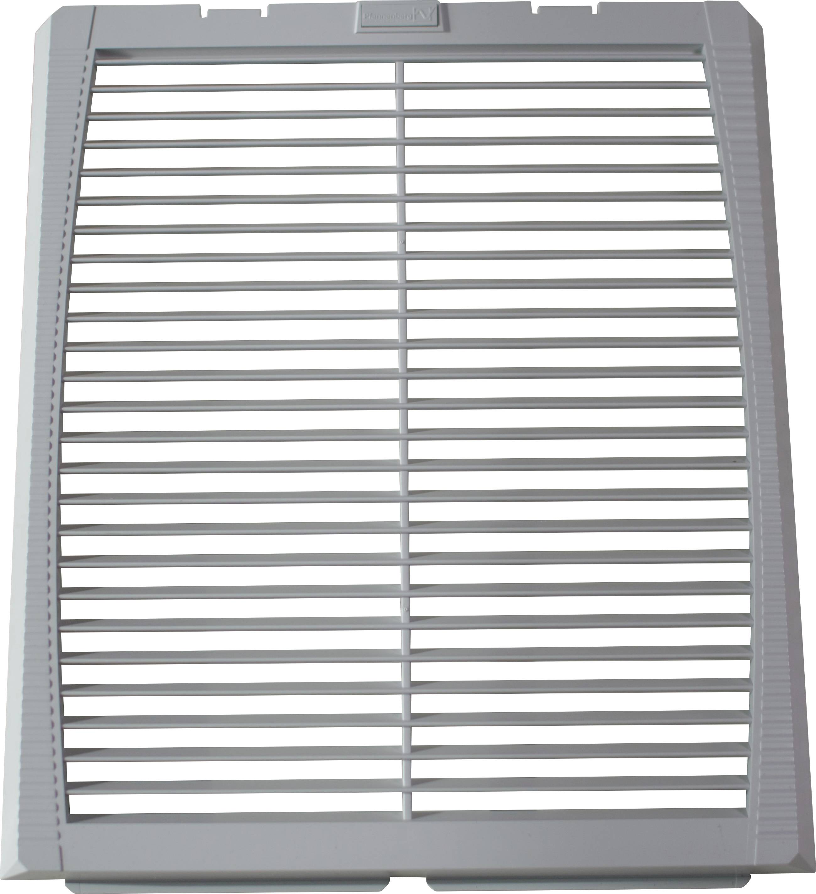 Une grille rectangulaire grise en plastique, qui semble servir de couverture pour des dispositifs de ventilation ou de chauffage.