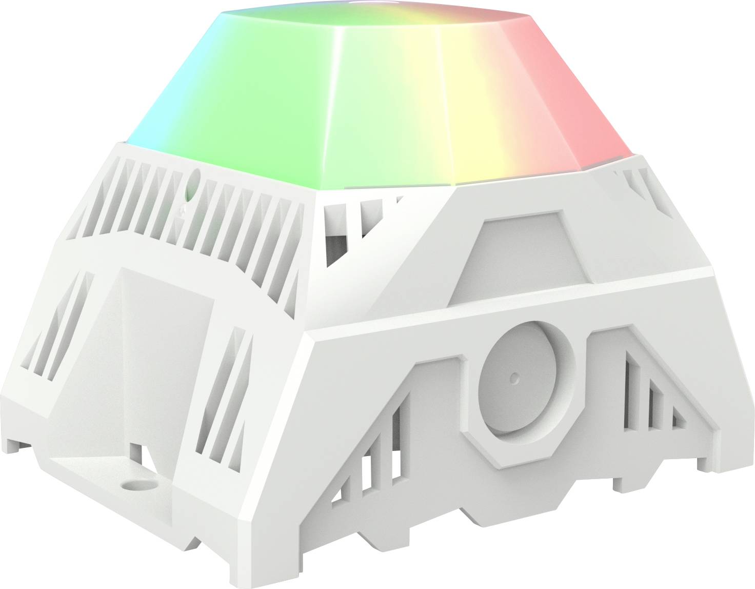 Un dispositif en forme de pyramide avec des lumières LED colorées qui s'illuminent en vert, jaune et rouge. Construit en plastique blanc avec un design en grille.