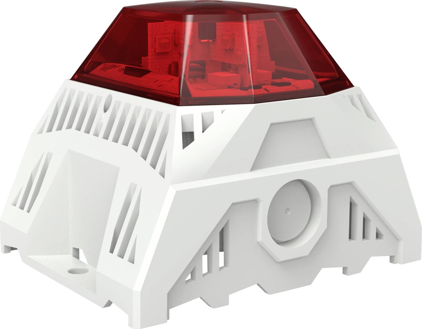 Un détecteur d'alarme électronique blanc et rouge avec des orifices de ventilation, adapté à la surveillance de sécurité dans les bâtiments.