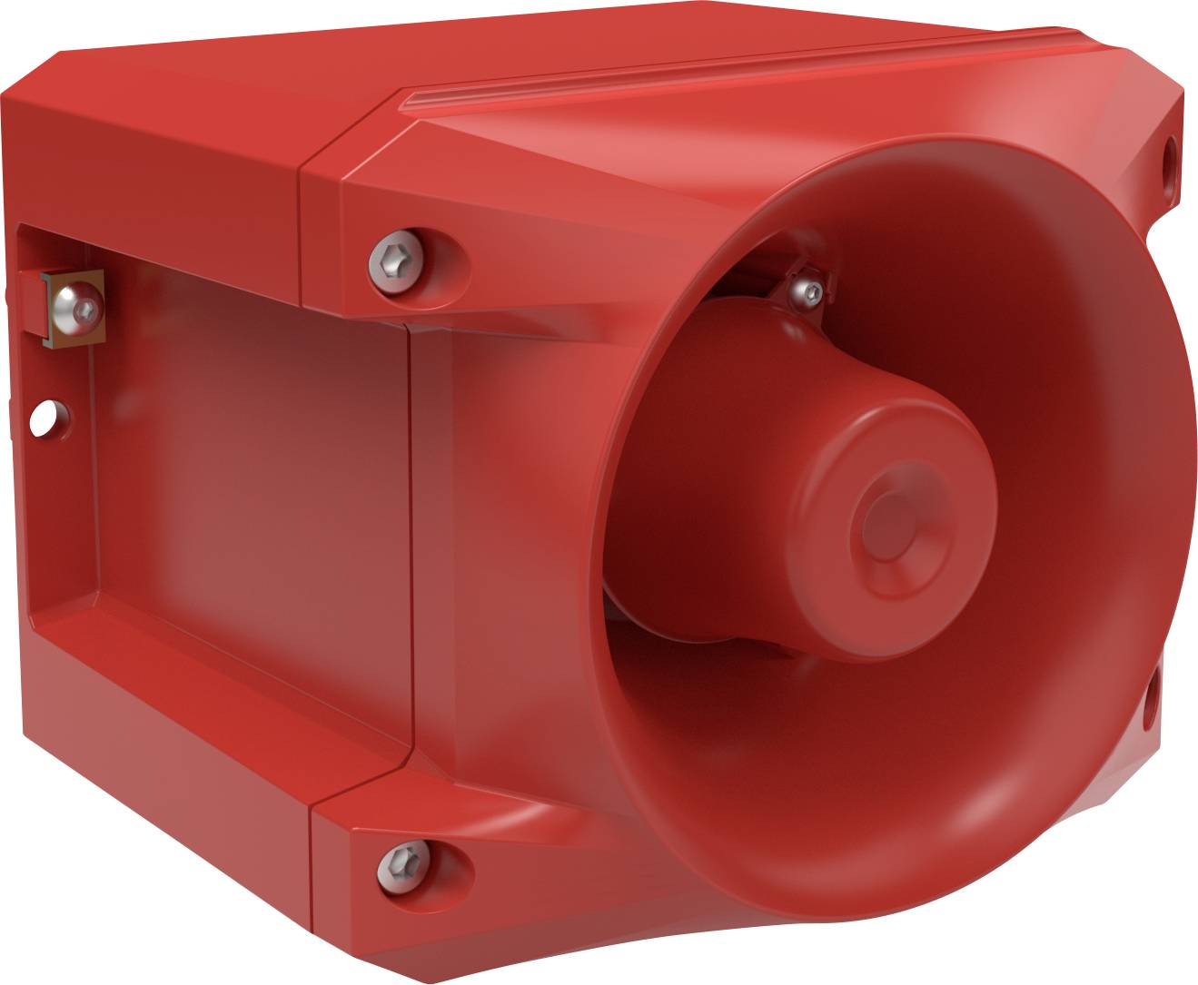 Dispositif de signalisation d'alarme rouge avec haut-parleur, monté sur un mur. Il est conçu pour avertir à la fois visuellement et acoustiquement.