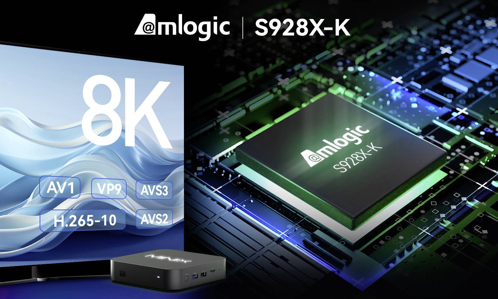 Un téléviseur affiche '8K', prend en charge AV1, VP9, H.265-10, AVS3, AVS2. À côté se trouve une puce électronique portant l'inscription 'Amlogic S928X-K'.