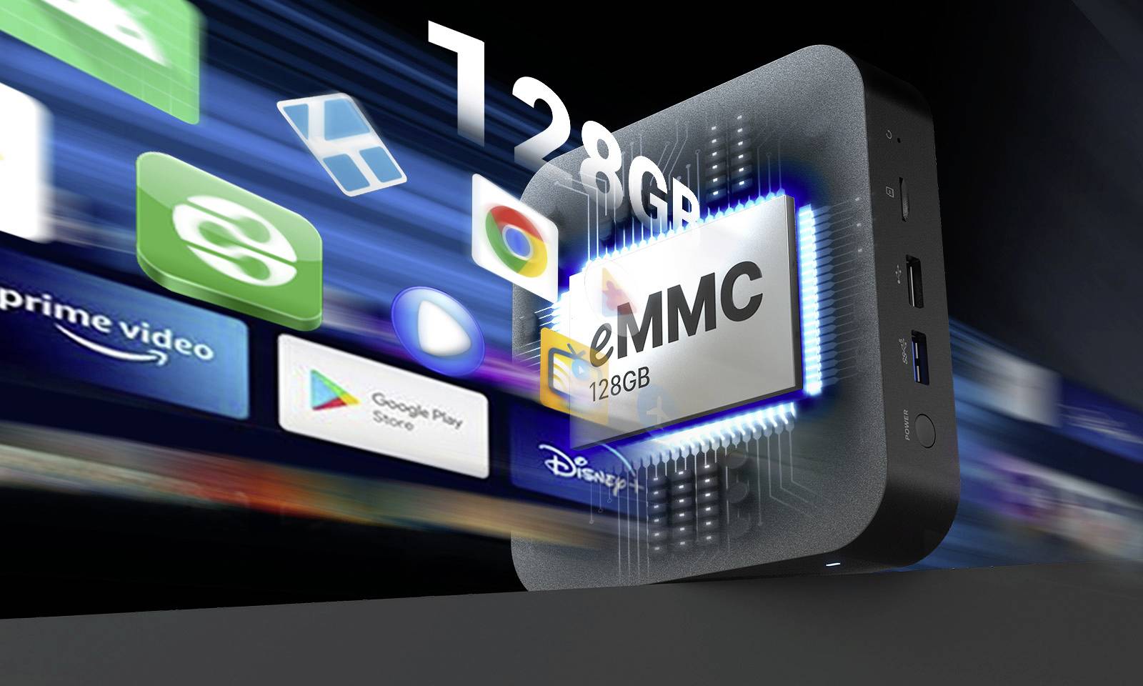 Mini-PC avec stockage eMMC de 128 Go. Divers icônes d'applications comme Prime Video, Skype et Google Play Store indiquent des applications de streaming et de communication.