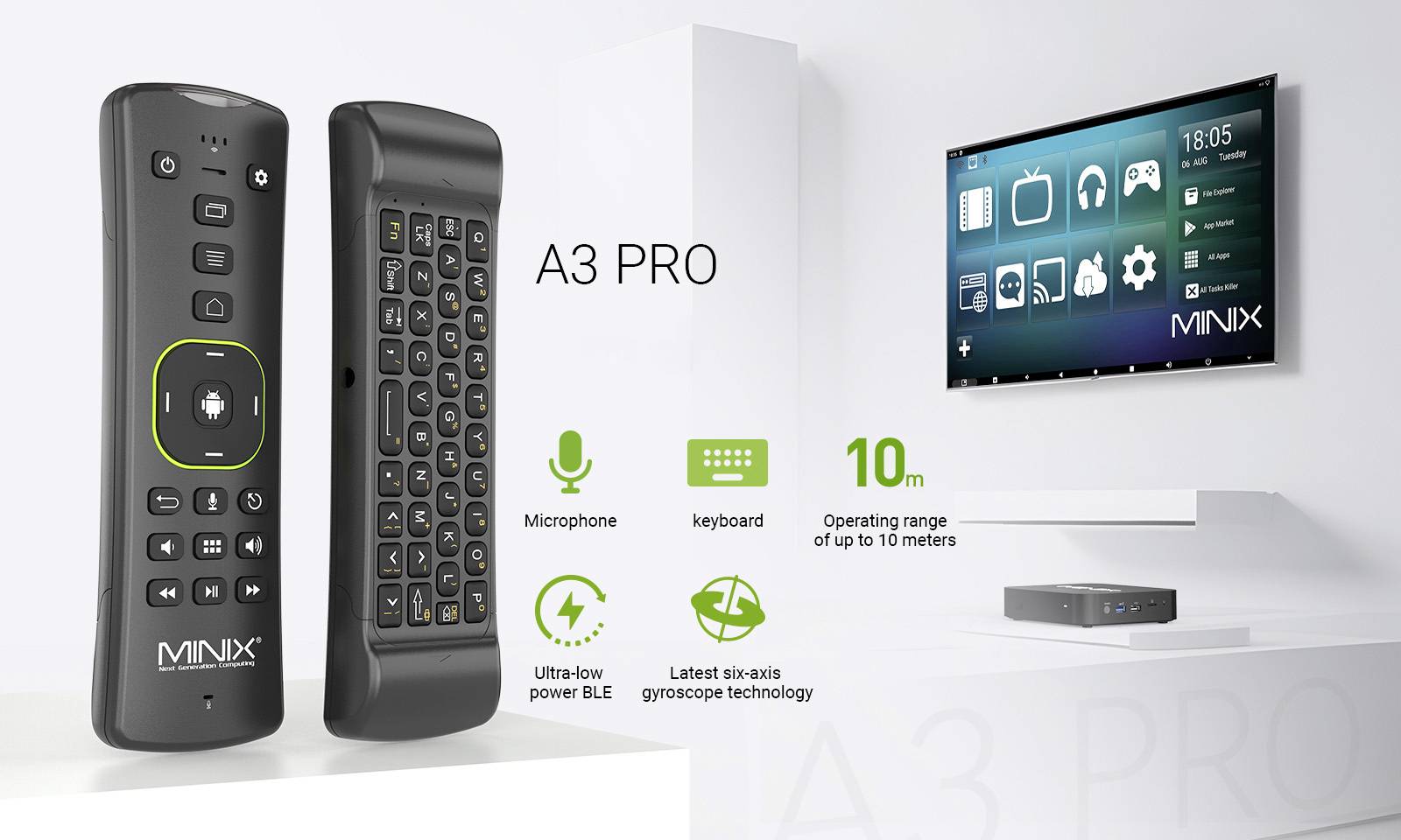 Télécommande MINIX A3 PRO avec clavier et microphone, portée jusqu'à 10 mètres. Le logo MINIX s'affiche sur un téléviseur.