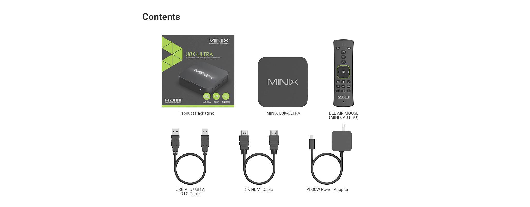 'Contenu : Boîtier MINIX U9-H, Hub, Télécommande, Câble USB vers USB-A, Câble d'ouverture IR, Adaptateur secteur 5V/3A.'