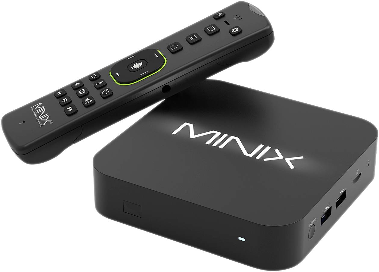 Boîte de streaming Minix noire et télécommande. Le boîtier affiche le logo Minix, propose des ports USB et est conçu pour la lecture multimédia.