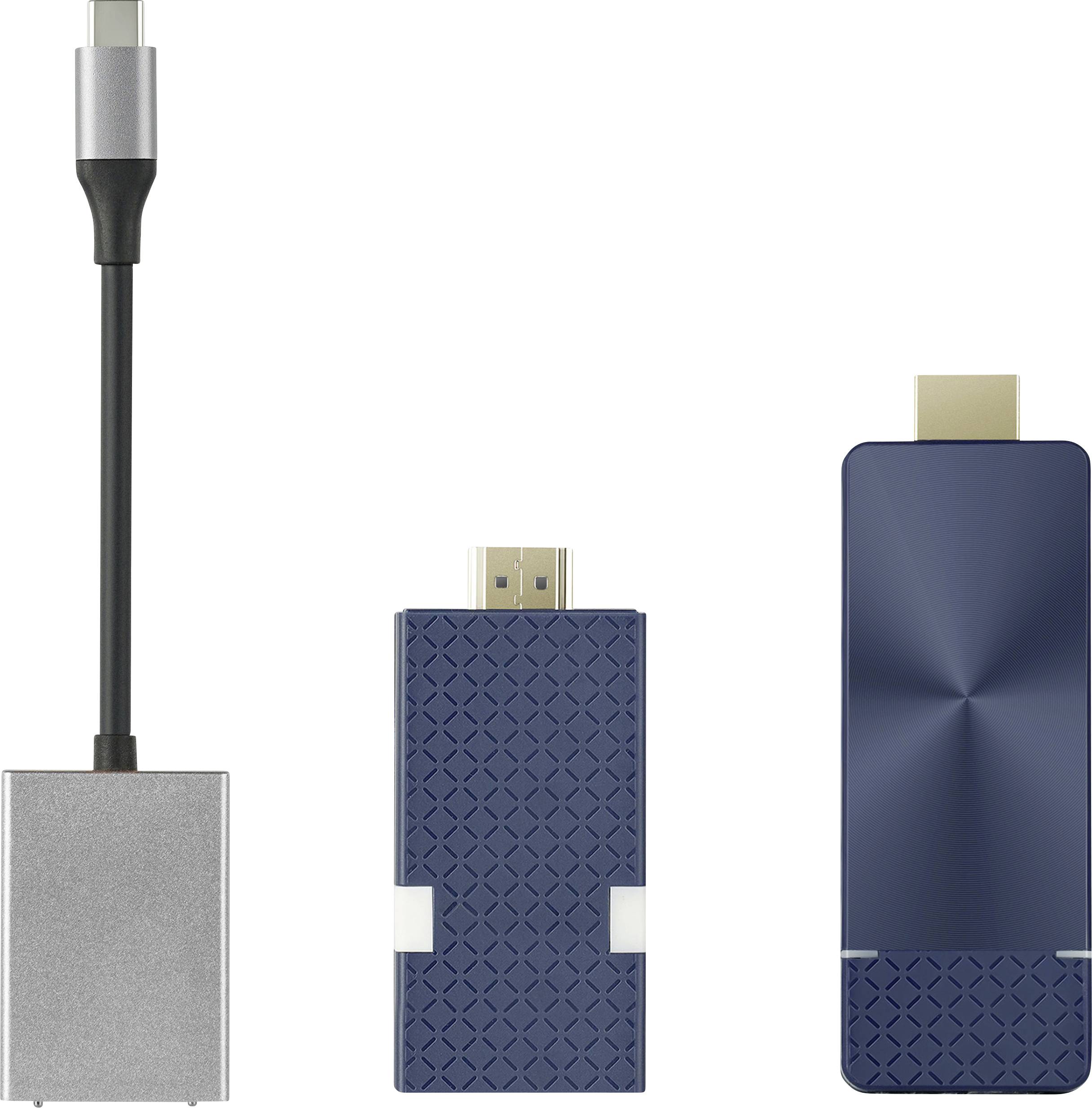 Adaptateur compact, rectangulaire, à motif bleu avec connexion HDMI et câble amovible, adapté à la lecture multimédia.