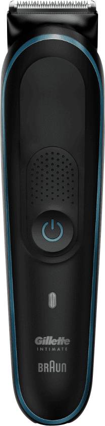 Un rasoir électrique noir avec des accents bleus, les logos de marque 'Gillette' et 'Braun' visibles, sur un fond blanc.