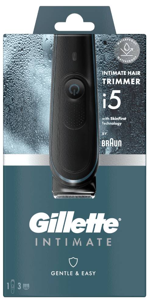Emballage du Tondeuse Intime Gillette i5, présentant le produit et mettant en avant 'Doux & Facile' avec la technologie SkinFirst de Braun.