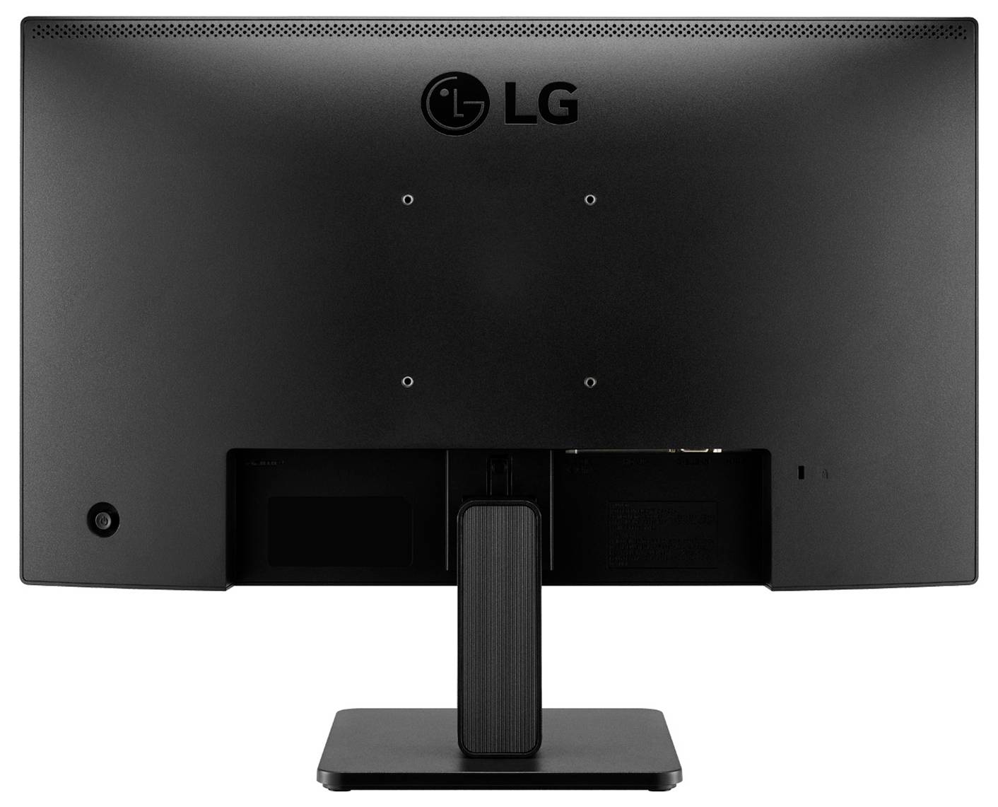 Un moniteur d'ordinateur noir de LG, vu de dos, posé sur un support rectangulaire.