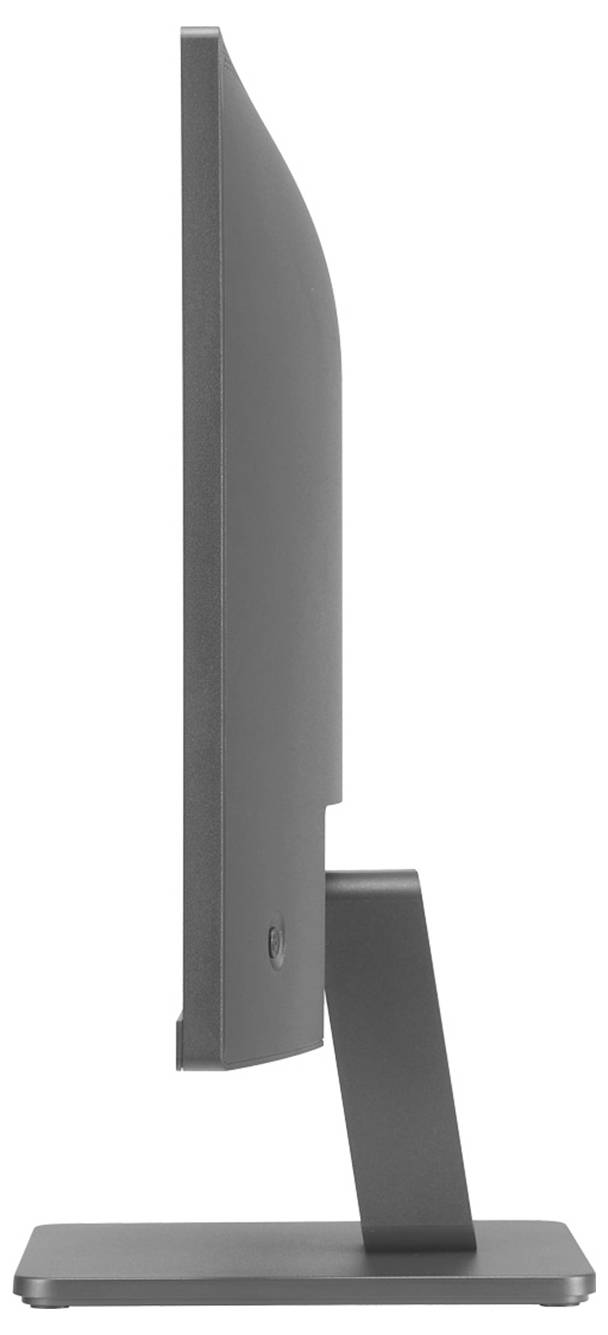 Vue latérale d'un écran d'ordinateur élancé avec un support incurvé reposant sur un socle rectangulaire.