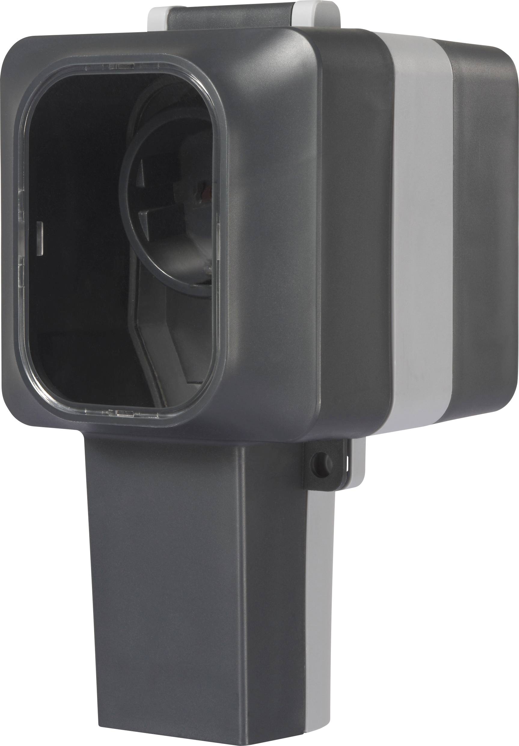 Un appareil rectangulaire gris avec une ouverture noire à l'avant, probablement un radar de vitesse ou un capteur.