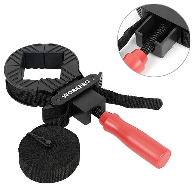 Un tendeur de sangle à cliquet réglable avec une pince ronde et une poignée rouge, adapté pour sécuriser et tendre des objets.