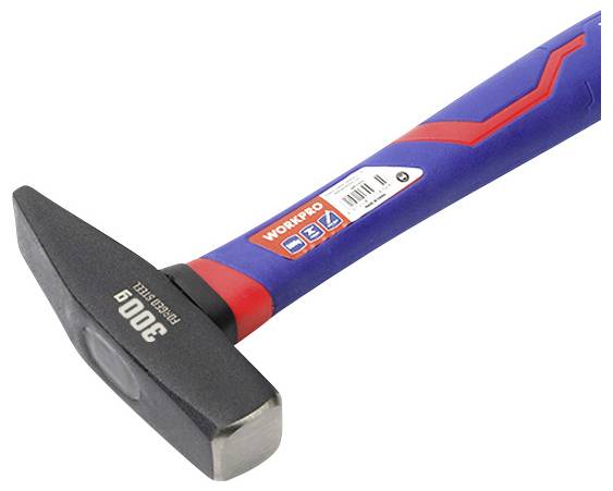 Un marteau bleu et rouge portant l'inscription 'WORKPRO 300g'. Adapté pour marteler et ergonomiquement conçu pour une prise en main confortable.
