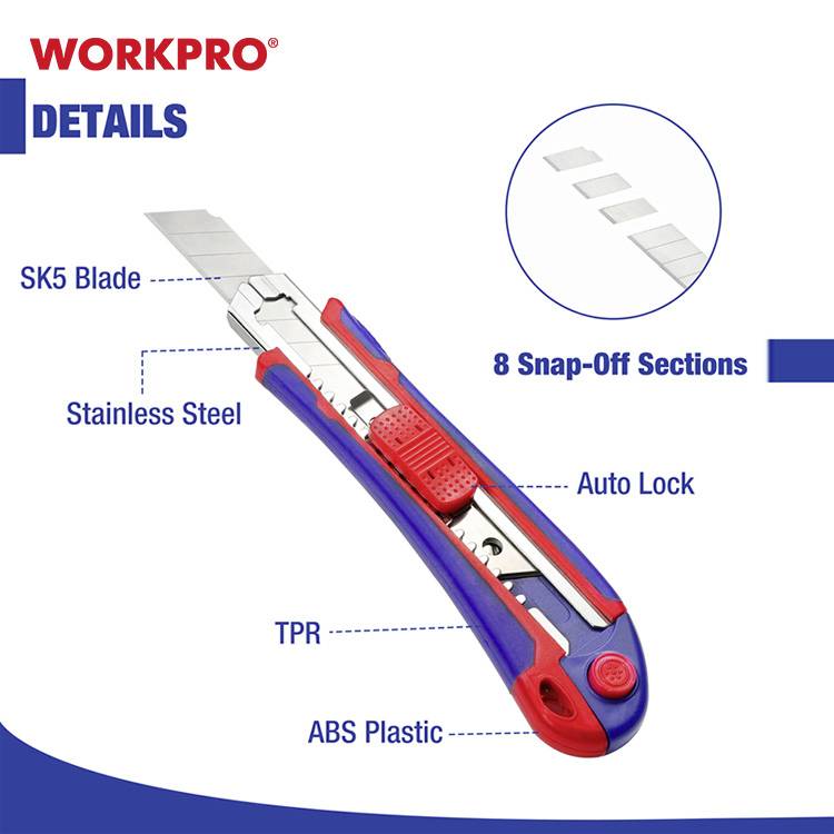 Illustration d'un couteau utilitaire avec lame en SK5, verrouillage automatique et 8 segments cassables. Matériaux : acier inoxydable, TPR, plastique ABS.