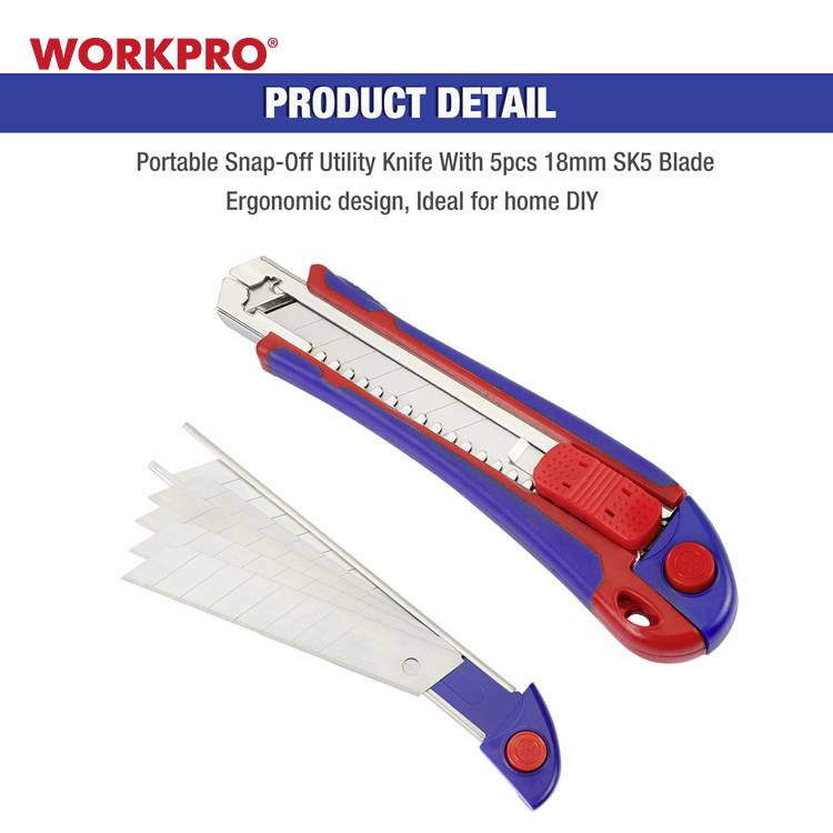 Description de l'outil : Couteau portable à lames rétractables avec 5 lames de 18mm en SK5, design ergonomique, idéal pour les bricoleurs.