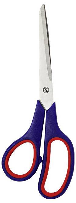 Une paire de ciseaux à manche bleu et rouge avec des lames argentées.