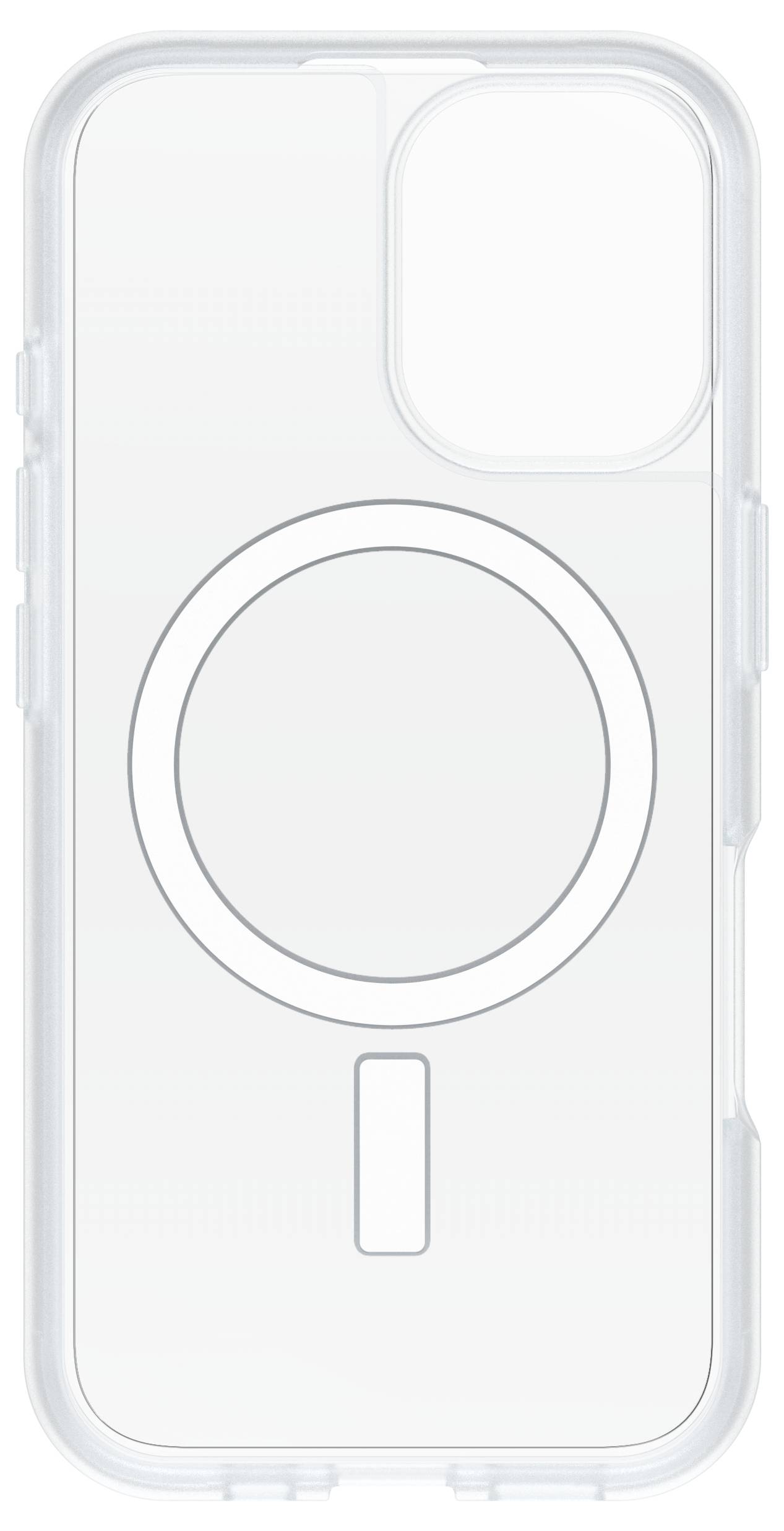 Coque de téléphone transparente avec un design MagSafe circulaire à l'arrière, compatible avec un modèle de smartphone équipé de deux ouvertures pour appareil photo.