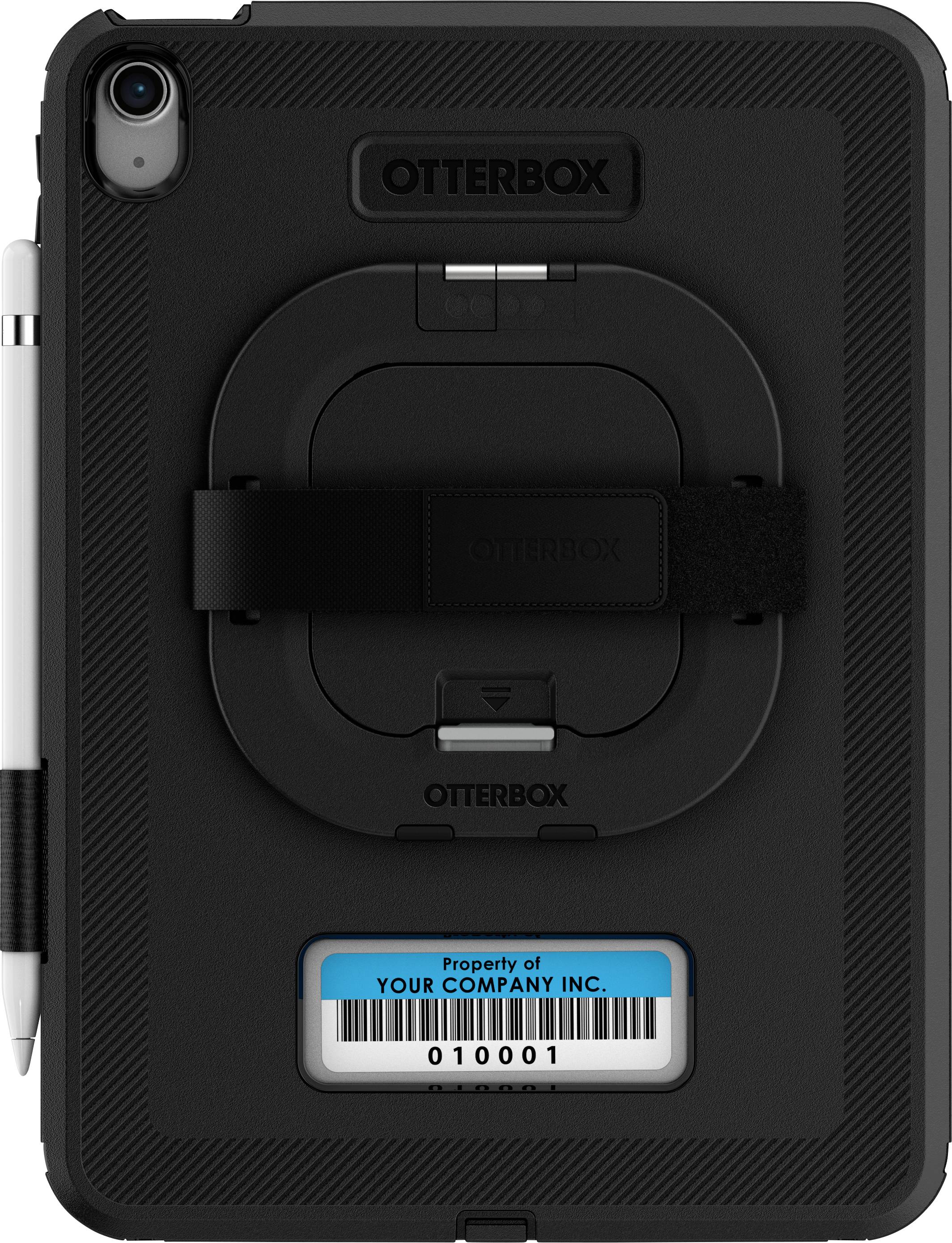 Une tablette dans un étui robuste OtterBox avec support intégré et porte-stylo. En bas, une étiquette : « Propriété de VOTRE ENTREPRISE INC. ».