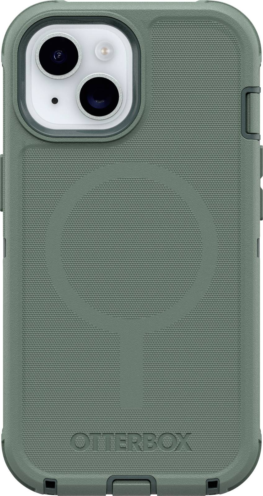 Coque de téléphone verte avec un trou pour appareil photo et un design circulaire à l'arrière.
