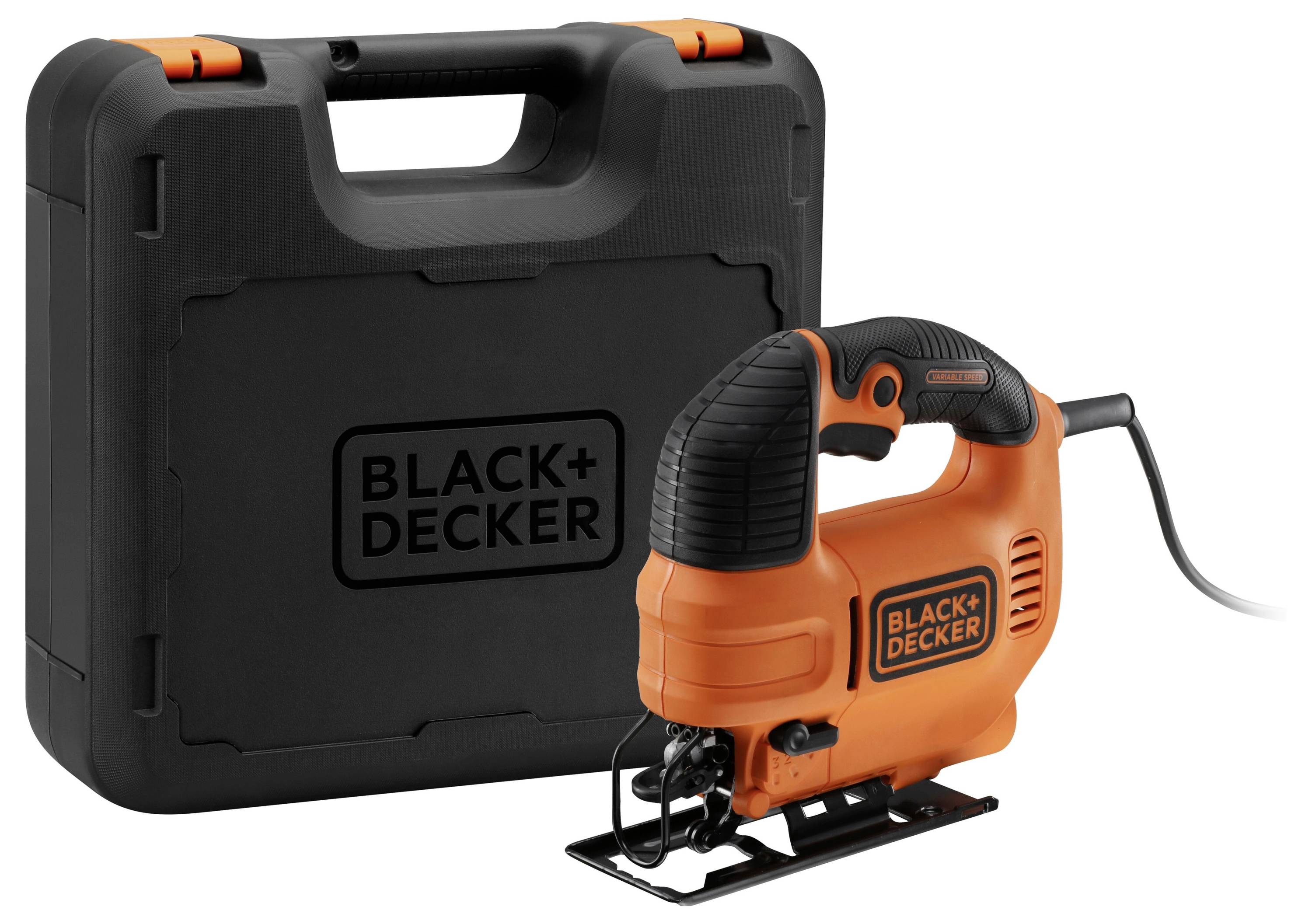 Une scie sauteuse orange et noire de la marque Black+Decker devant un coffret à outils noir assorti avec poignée de transport.