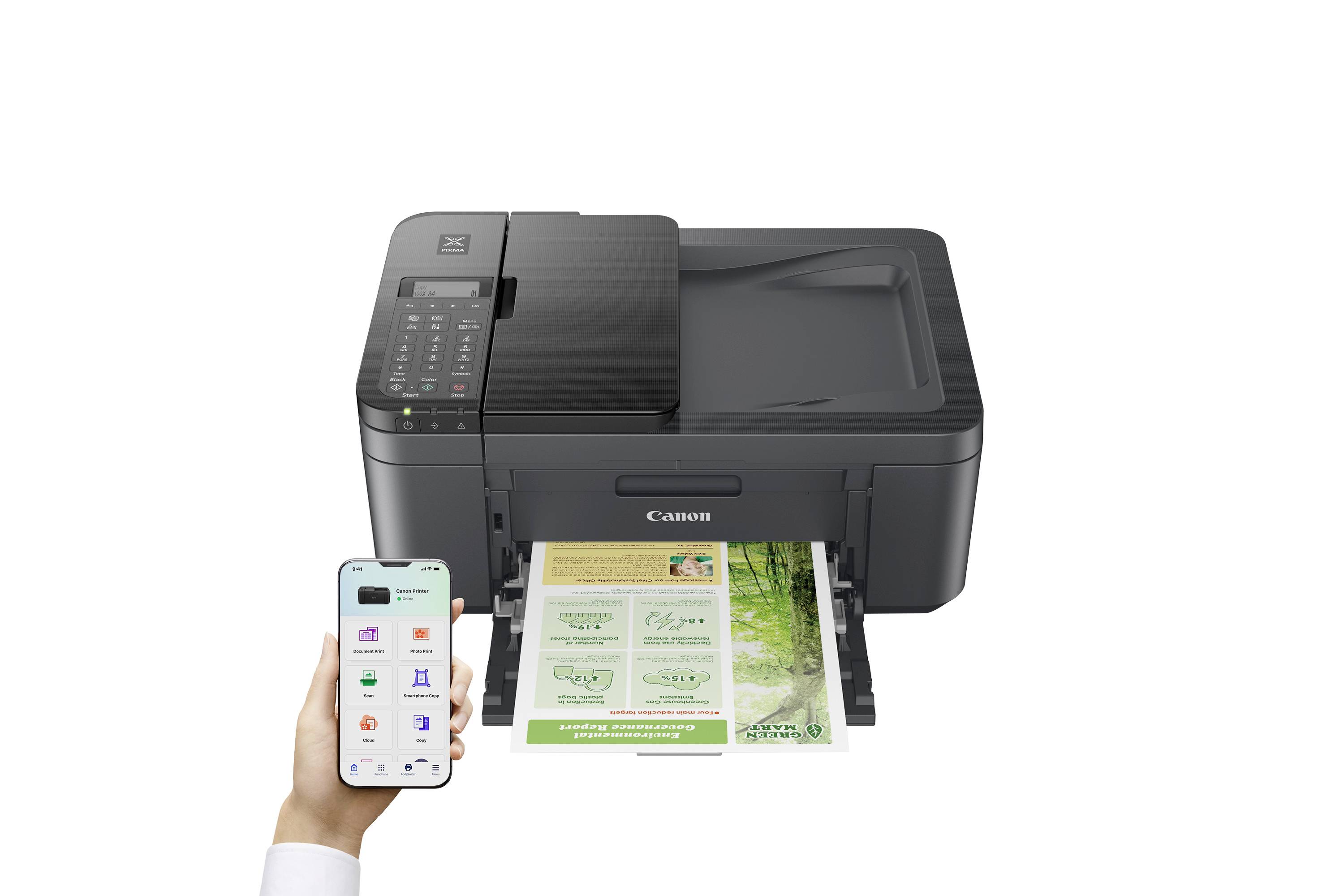 Une imprimante sans fil imprime un document vert ; à côté, quelqu'un tient un smartphone avec l'application de l'imprimante à la main.