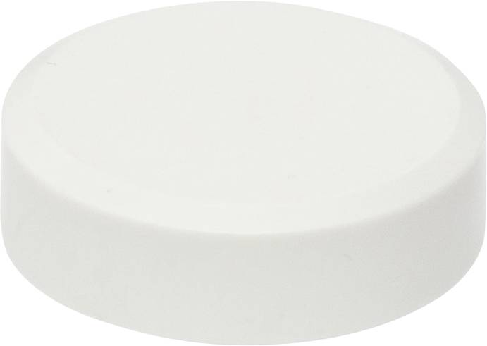 Bouchon blanc, rond et en plastique, souvent utilisé comme fermeture pour bouteilles ou récipients.