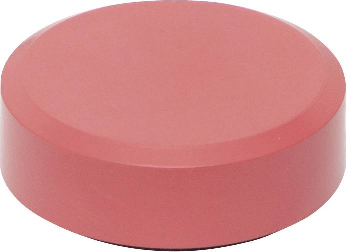 Un palet de hockey rouge sur un fond blanc.