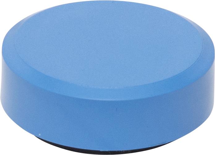Bouton rond bleu en plastique sur un fond blanc.