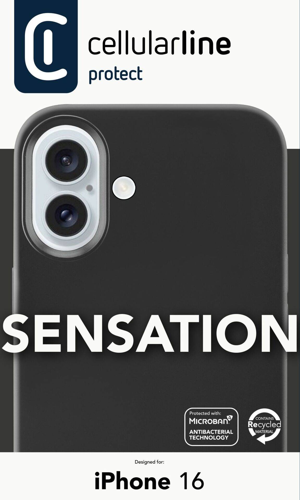 Coque noire 'Sensation' pour iPhone 16 de Cellularline, avec protection antibactérienne et matériaux recyclés.