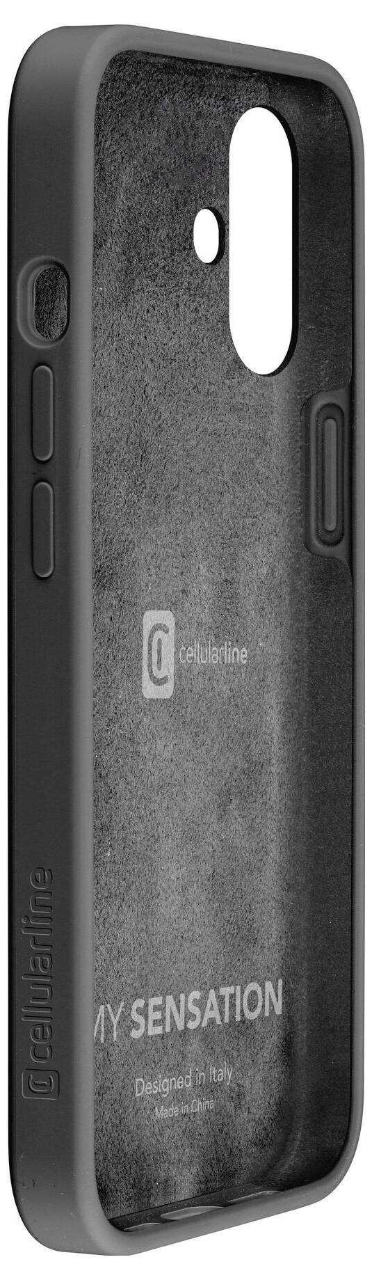 Boîtier de téléphone noir avec logo de marque et inscription 'Design in Italy'. Large ouverture pour l'appareil photo ; boutons sur le côté gauche.