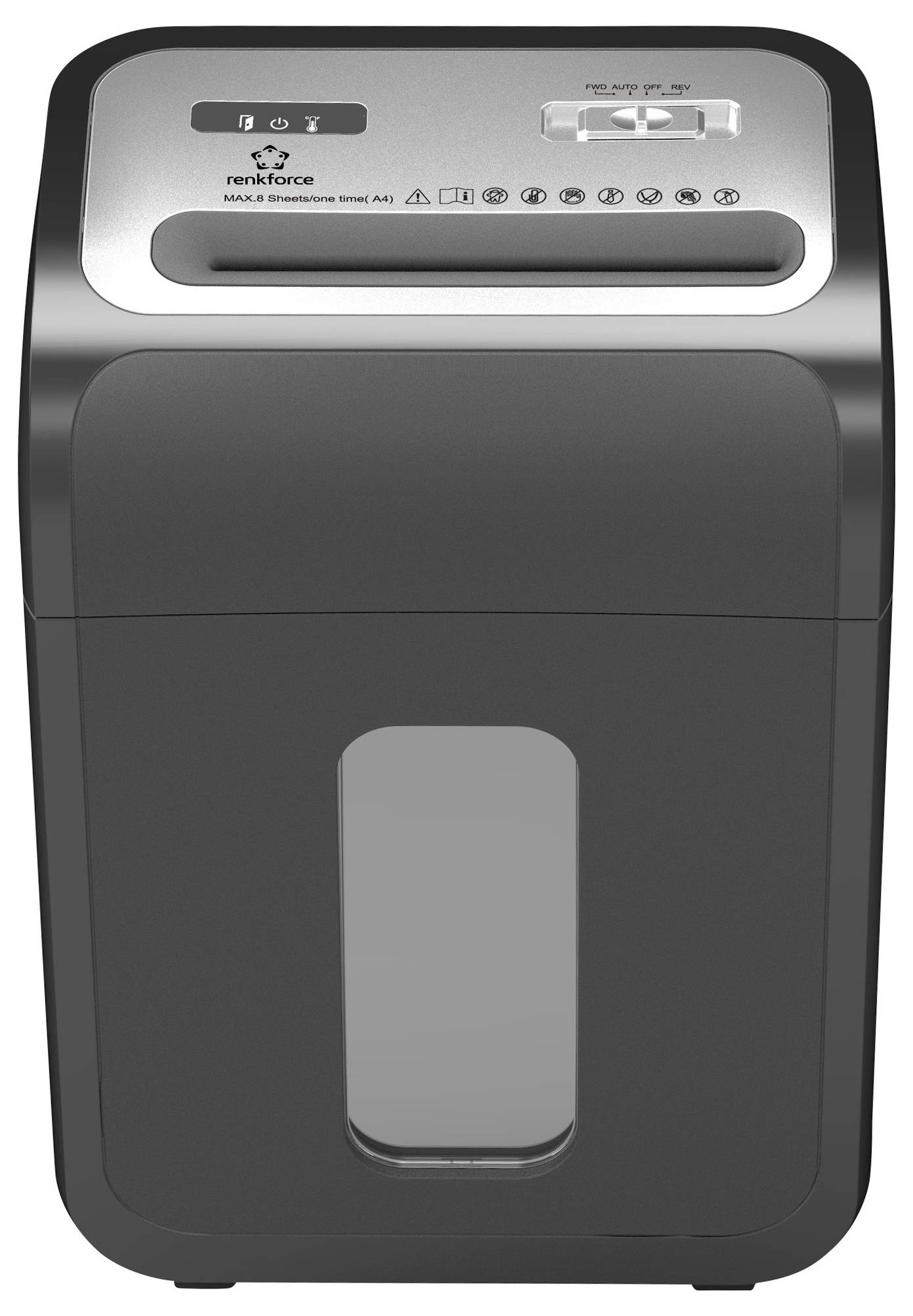 Un destructeur de documents noir avec un panneau de commande argenté sur le dessus, affichant la marque 'renkforce' et des touches symboliques pour différentes fonctions.