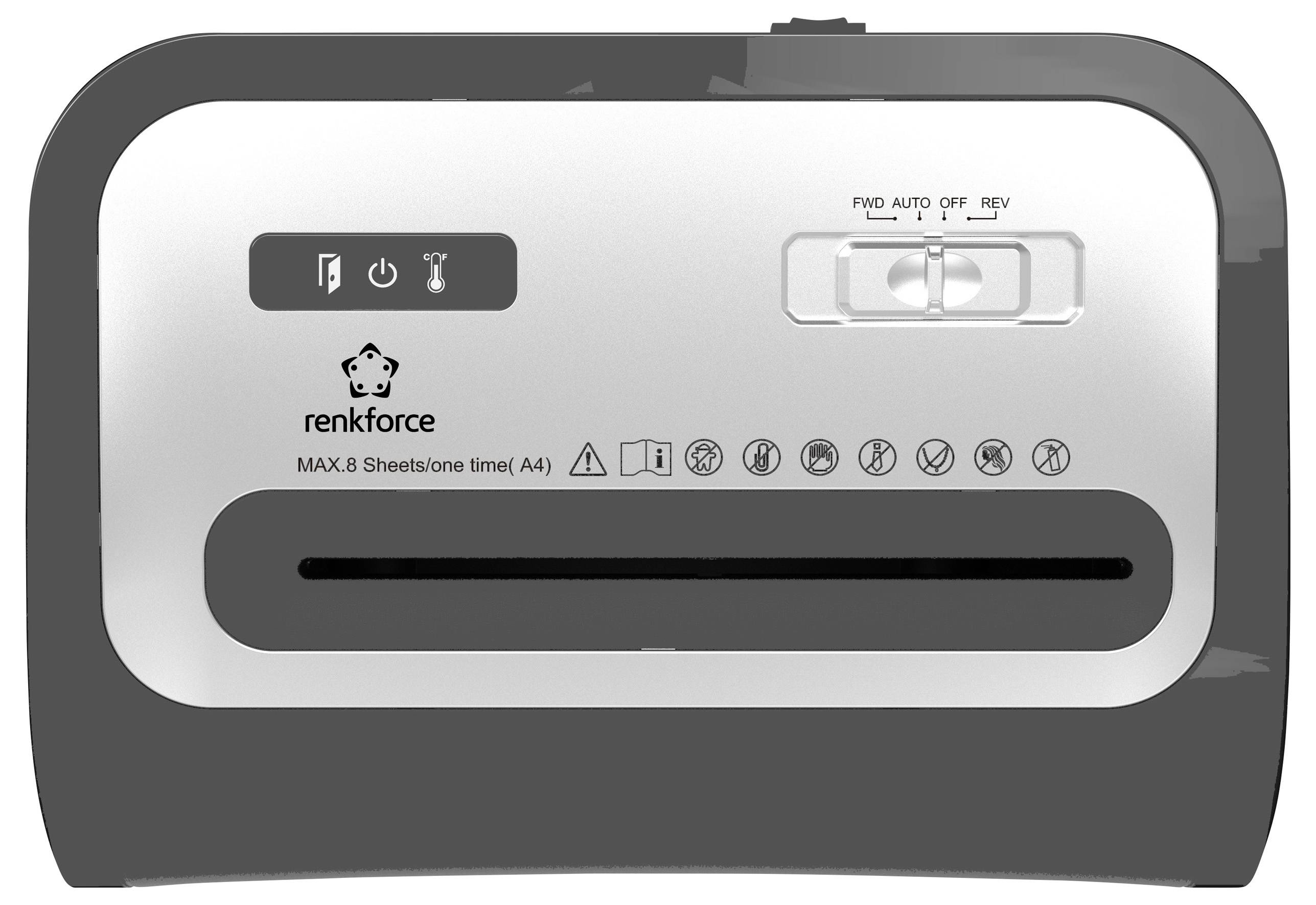 Destructeur de documents de bureau en noir et blanc avec symboles et touches 'AV', 'AUTO', 'ARRÊT', 'AR'. Capacité : 8 feuilles, format A4.