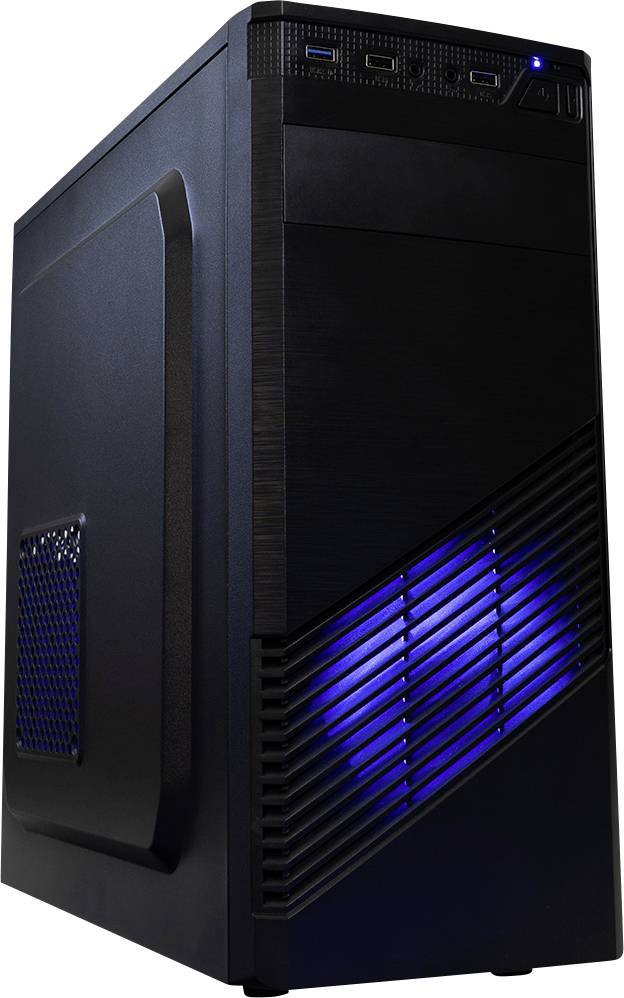 Boîtier d'ordinateur noir avec éclairage LED bleu lumineux, plusieurs ports USB et fentes de ventilation.