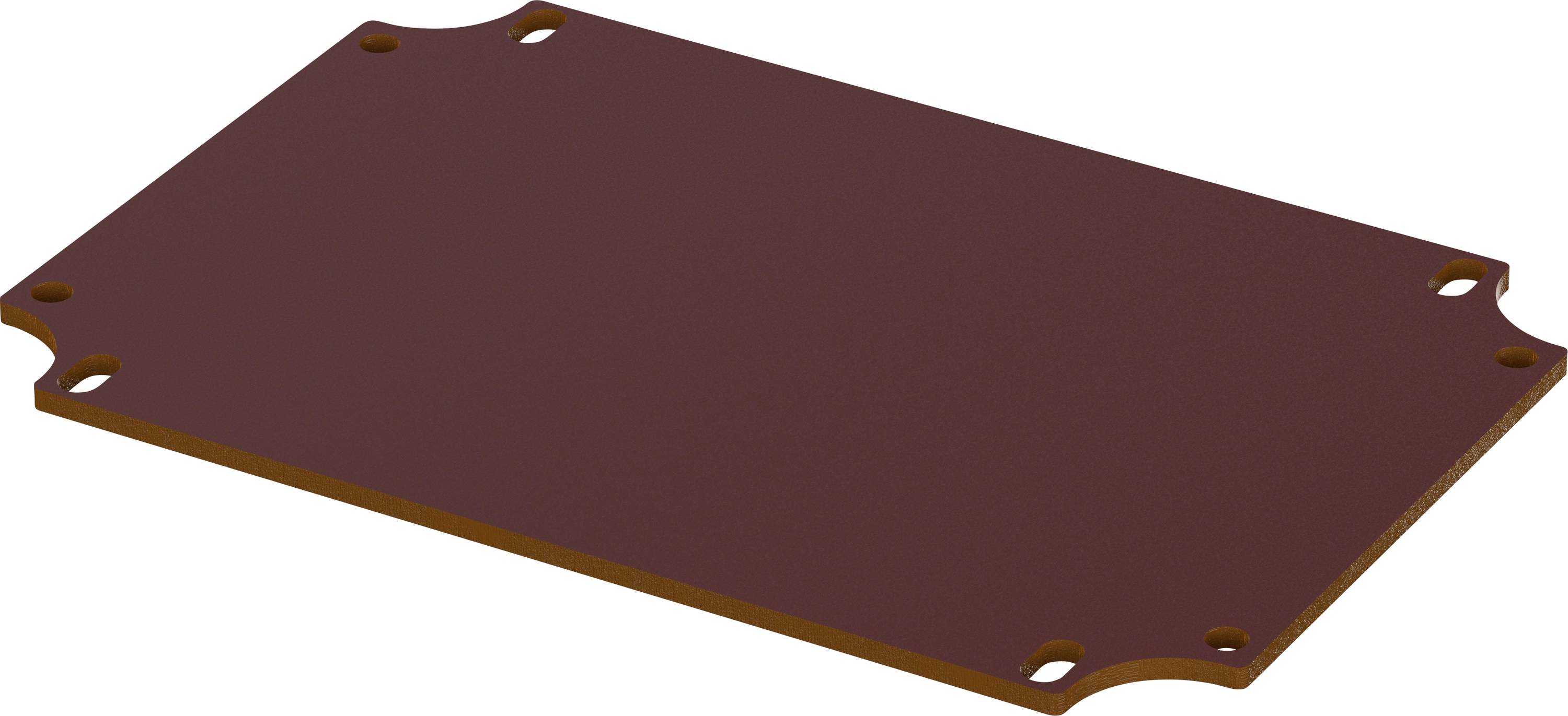 Plaque brune, plate, rectangulaire avec des coins arrondis et des trous à chaque angle.