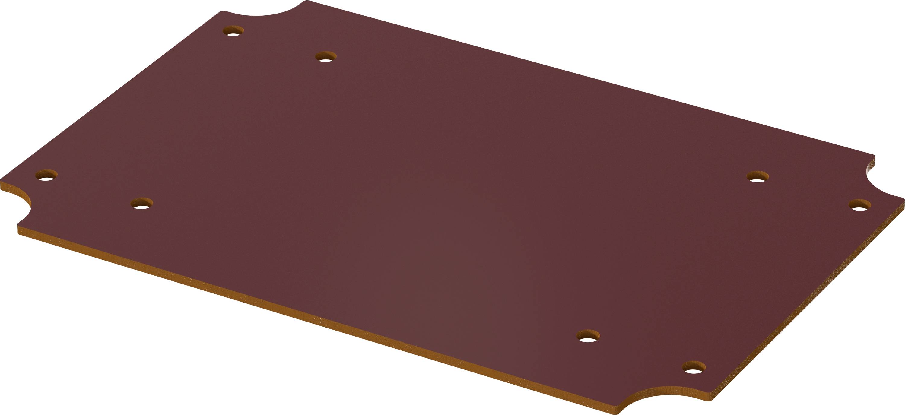 Plaque isolante rectangulaire marron avec des découpes aux angles et plusieurs trous. Utilisée pour des applications technologiques.