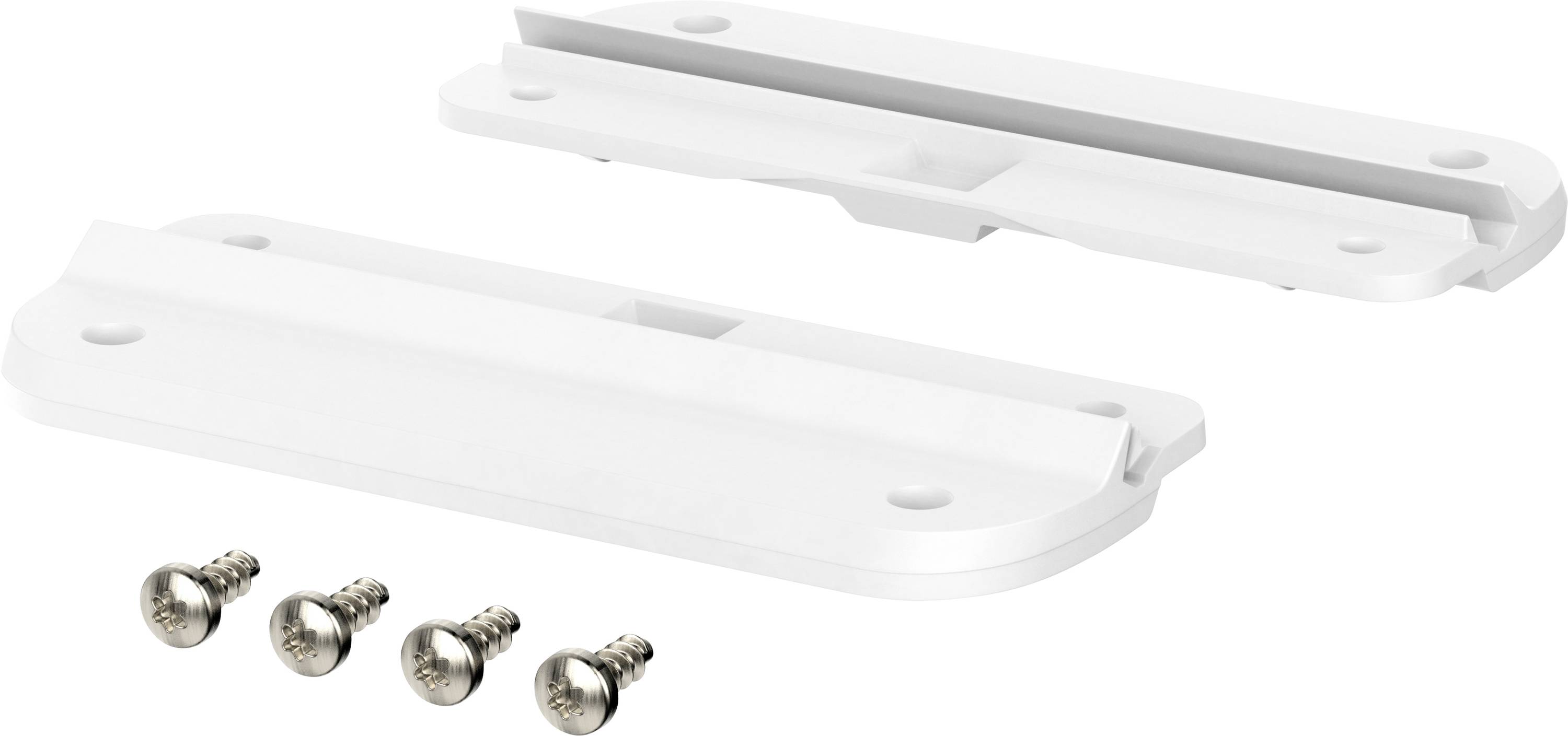 Deux pièces en plastique blanc avec quatre vis argentées servant d'accessoires de montage.