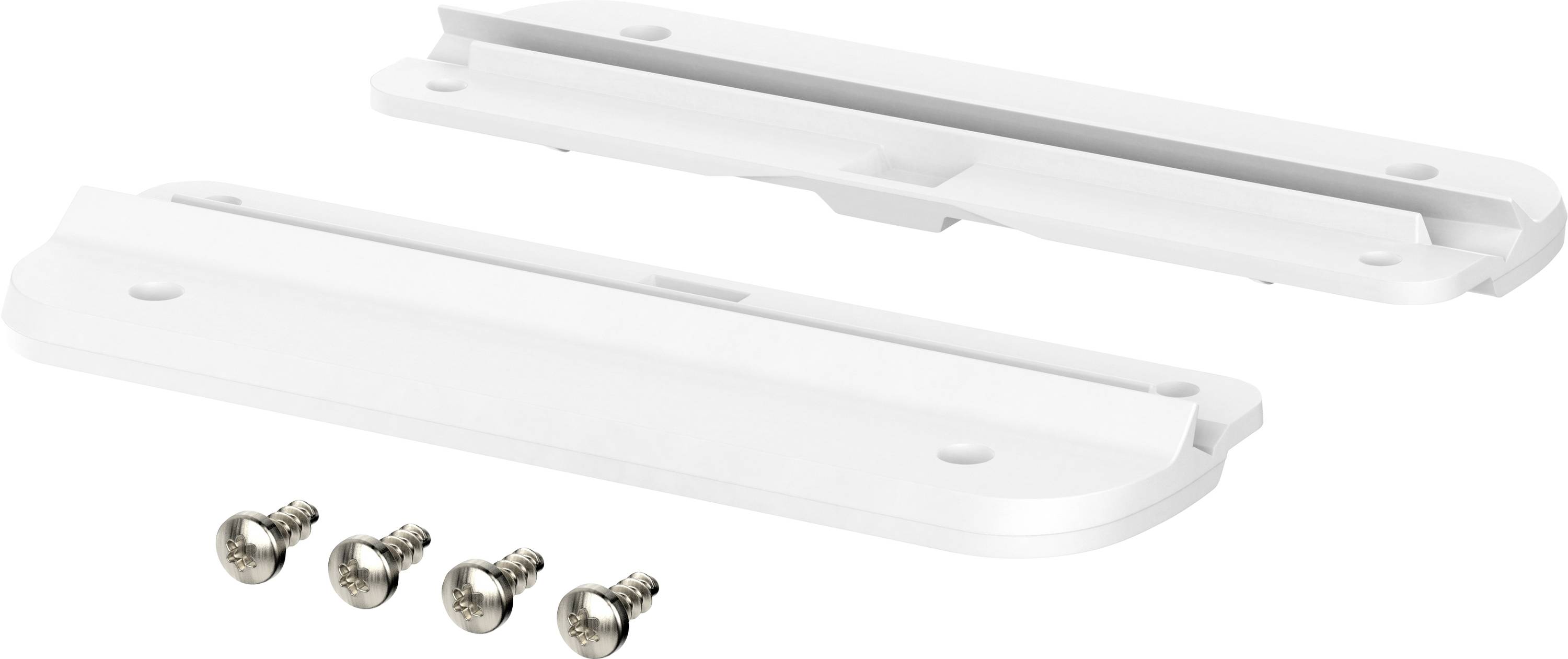 Deux tasseaux blancs en plastique avec quatre vis correspondantes, probablement destinés à une fixation murale ou plafonnière.