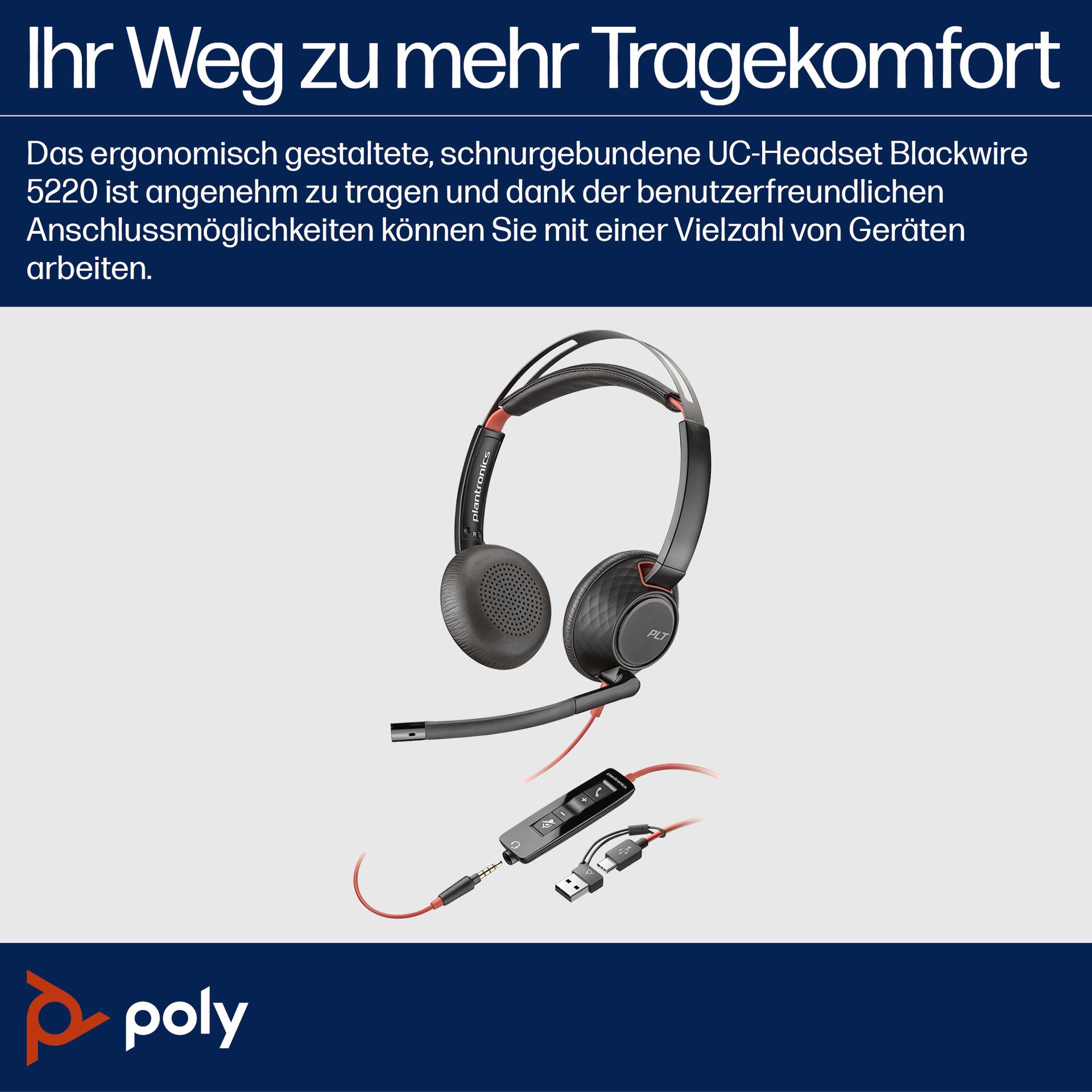 HP Poly Headset Blackwire C5220 Stereo USB- Micro-casque supra-auriculaire Stereo noir Noise Cancelling ordinateur