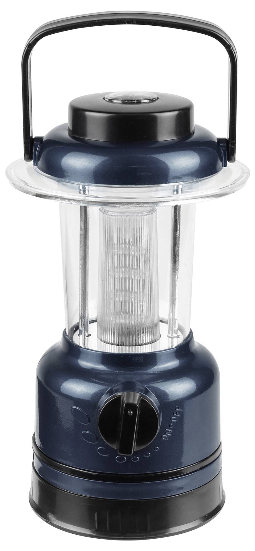 Lanterne de camping bleue avec partie centrale transparente, interrupteur rotatif noir à l'avant et poignée de transport noire en haut.