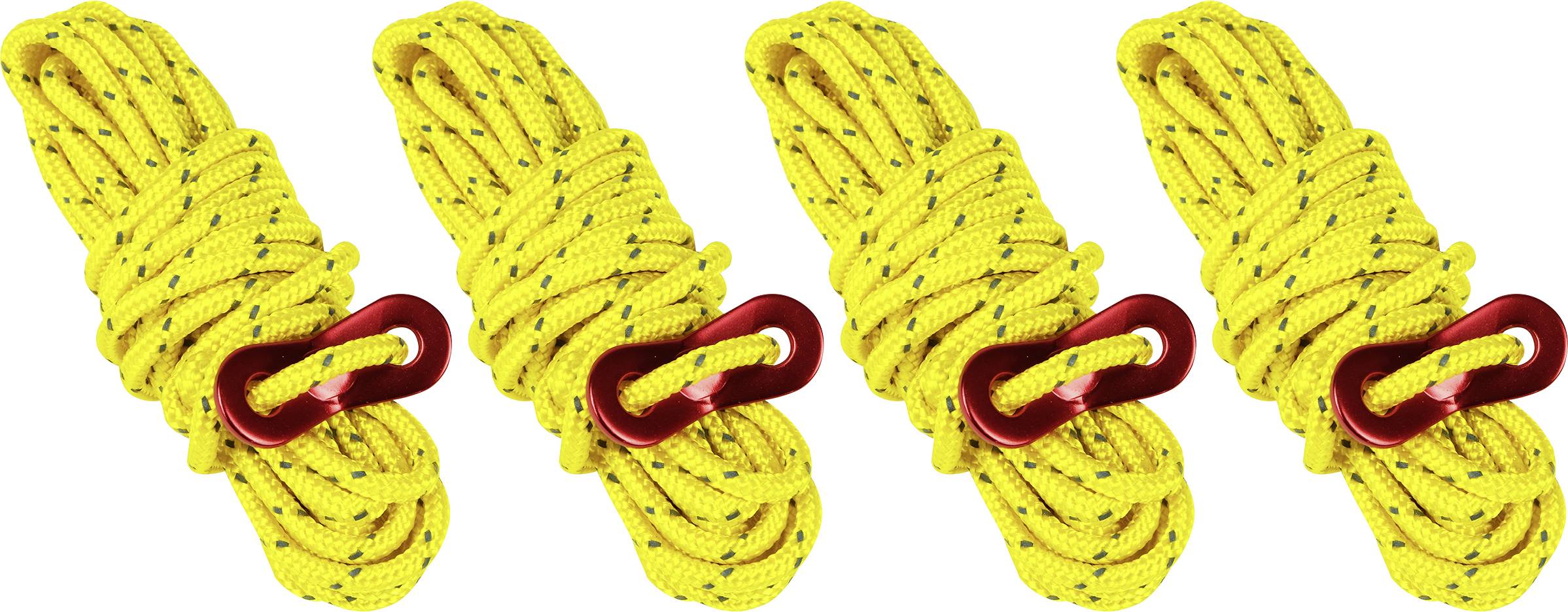 Quatre cordes d'escalade jaunes avec des mousquetons rouges sont disposées côte à côte. Les cordes sont enroulées en spirale et possèdent des motifs noirs.