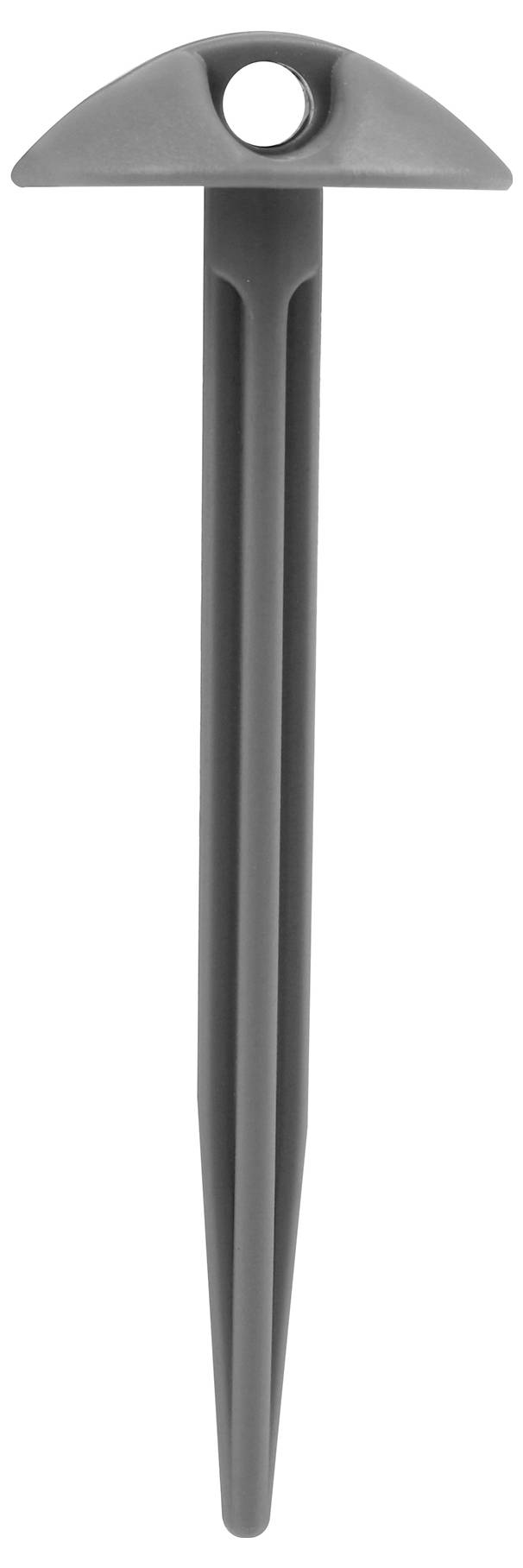 Piquet de tente simple en gris, avec une tête en forme de T et une extrémité pointue, adapté pour fixer les haubans de tente dans le sol.