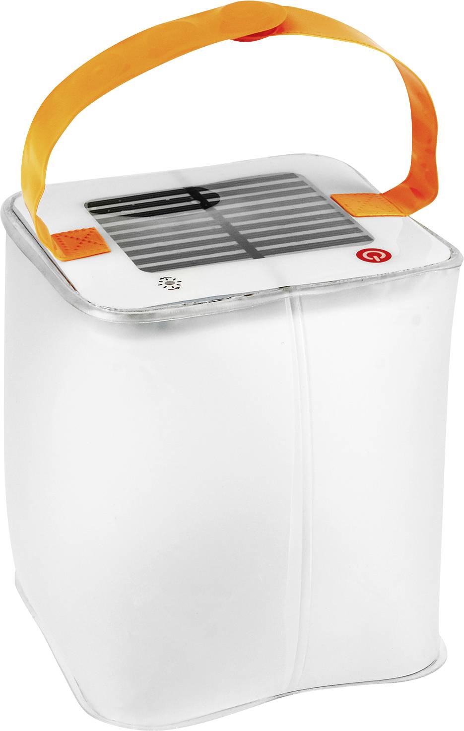 Lampe solaire portable avec poignée orange, panneau solaire rectangulaire sur le dessus et un interrupteur marche/arrêt rouge.