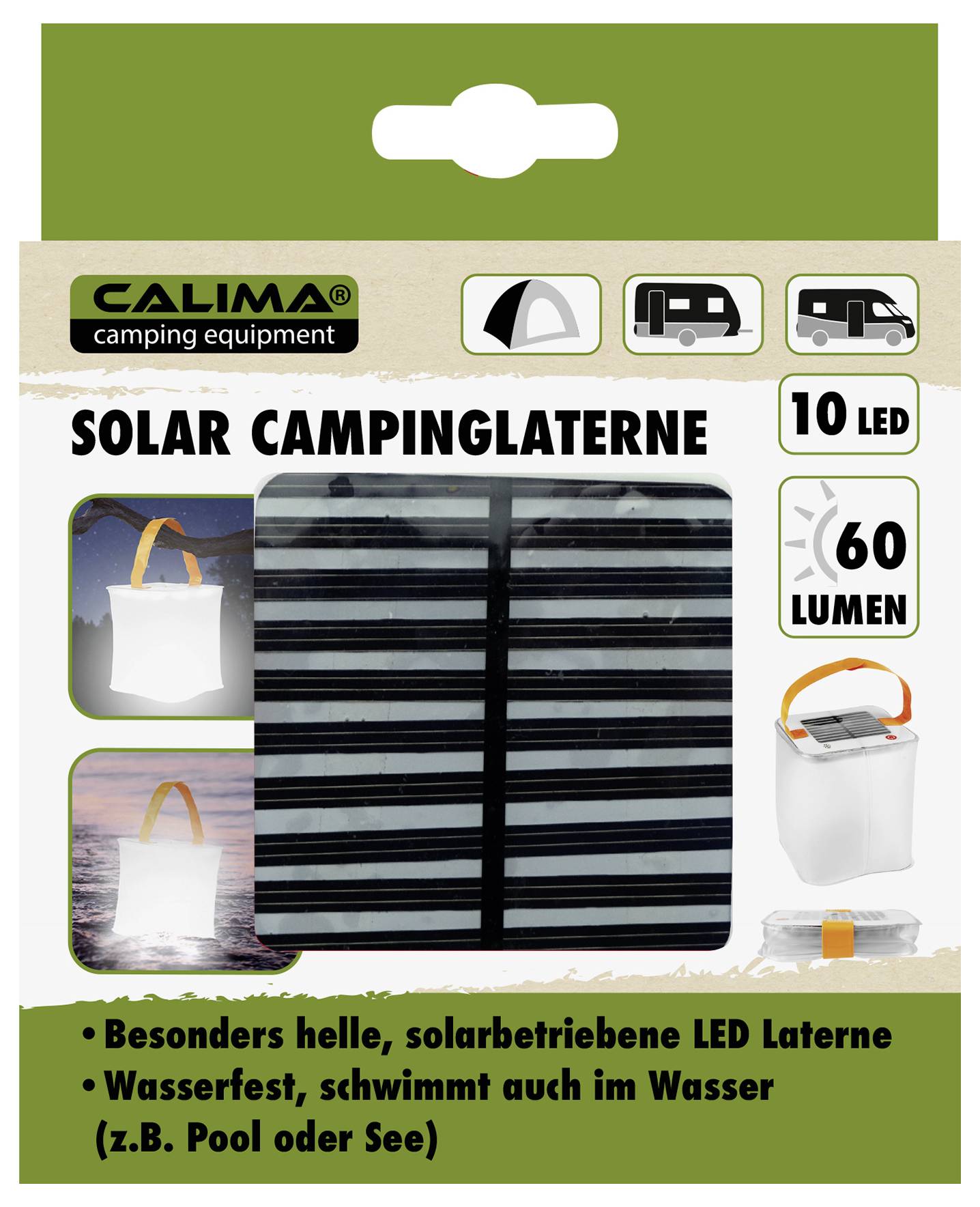 'Emballage d'une lanterne de camping solaire. 10 LED, 60 lumens. Particulièrement lumineuse, étanche, flotte sur l'eau.'