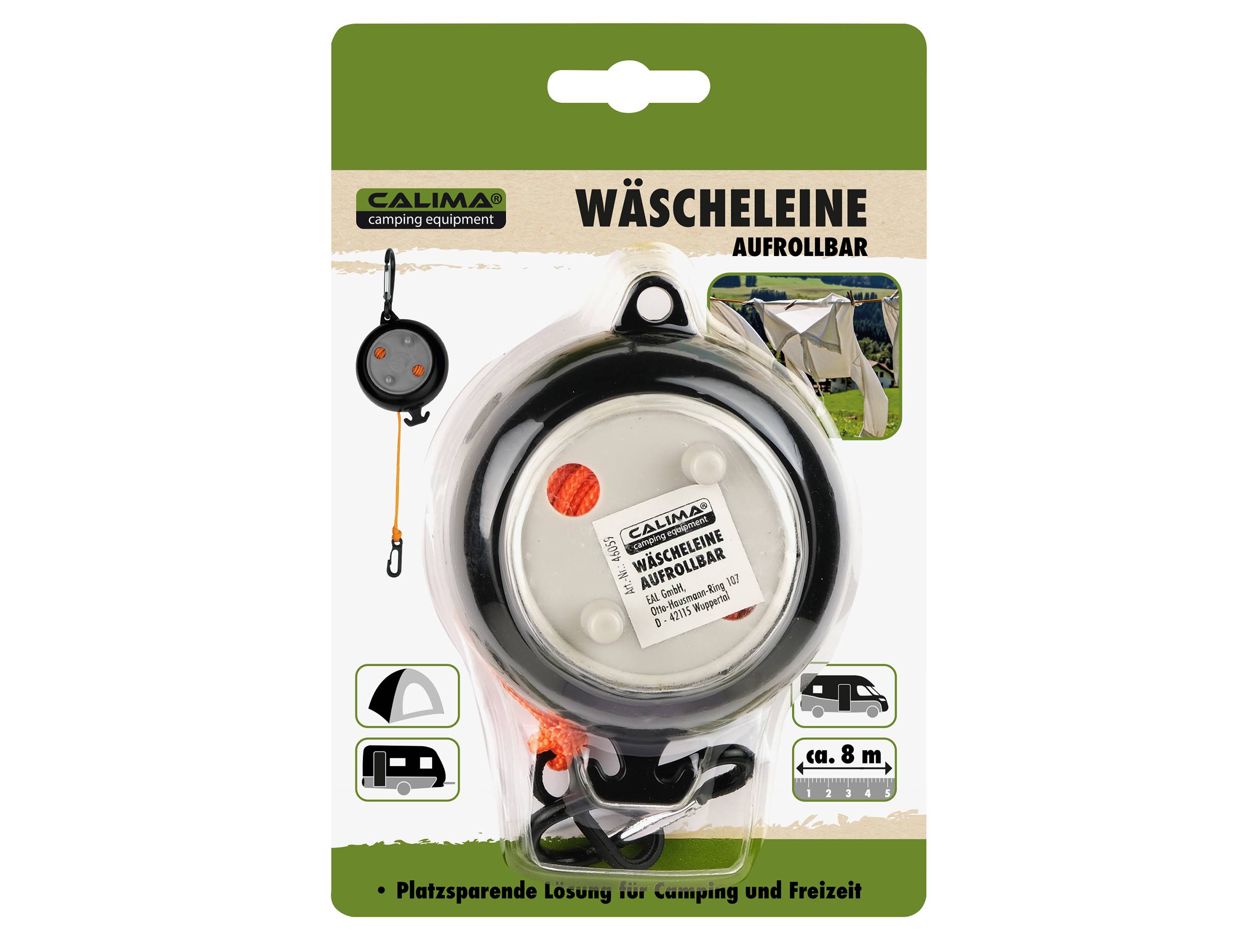 Emballage d'une corde à linge enroulable pour camping et loisirs, longueur d'environ 8 m. Compact, avec l'image d'une tente en arrière-plan.