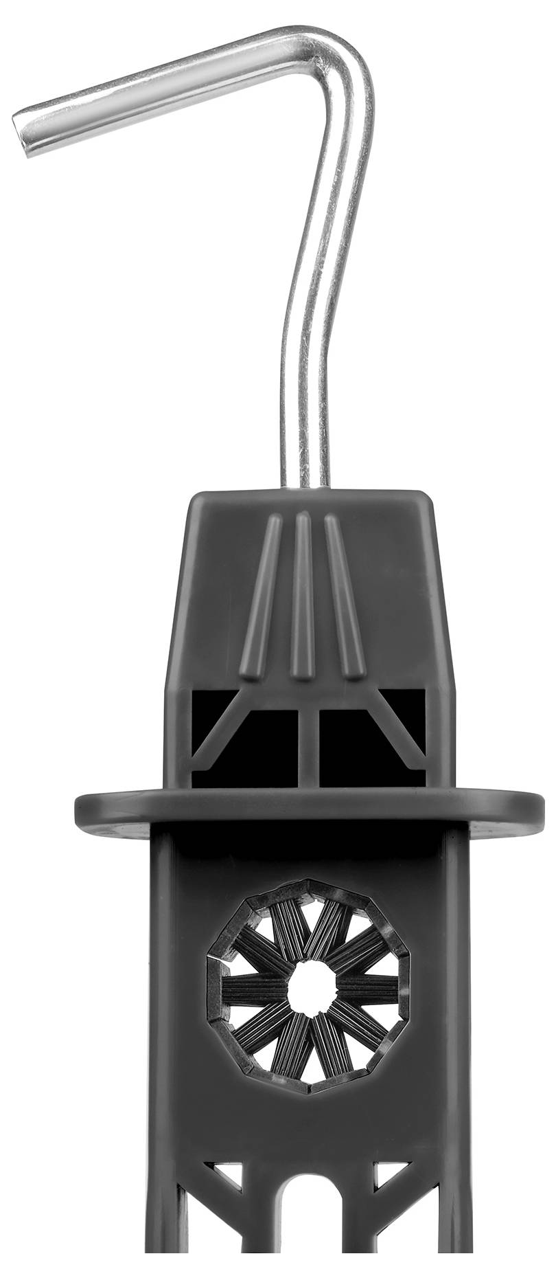 Cheville à expansion en plastique avec crochet métallique, design pour toiture avec découpes rondes et rectangulaires.