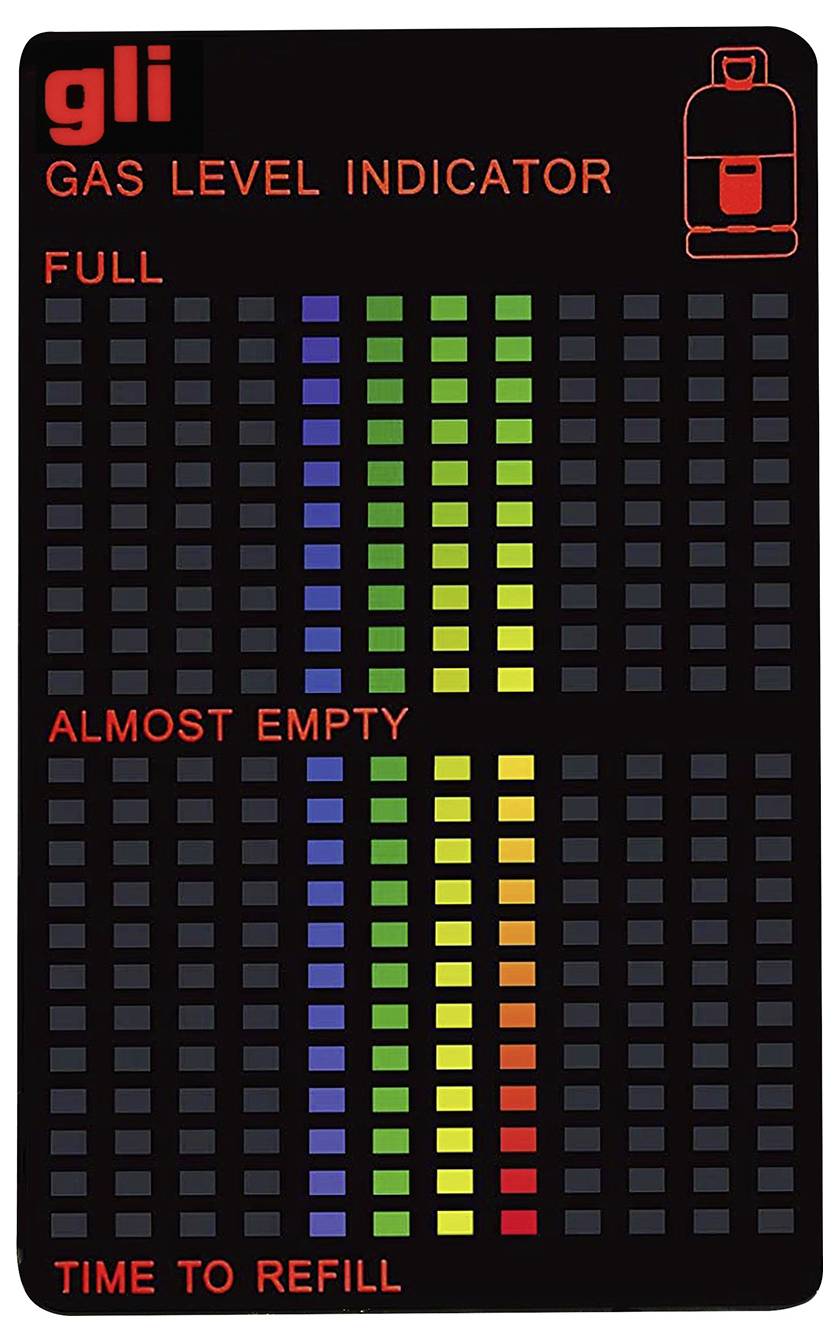L'indicateur de niveau de gaz affiche le niveau de remplissage d'une bouteille de gaz. De 'Plein' à 'Presque vide' avec une échelle de couleurs allant du vert au rouge.