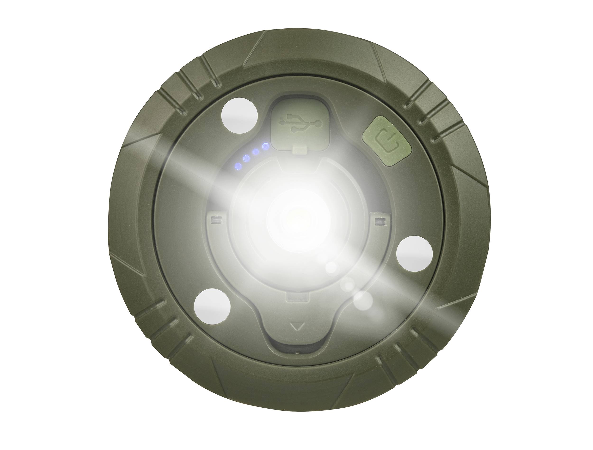 Une lampe LED ronde verte avec un centre lumineux et des boutons de commande environnants.