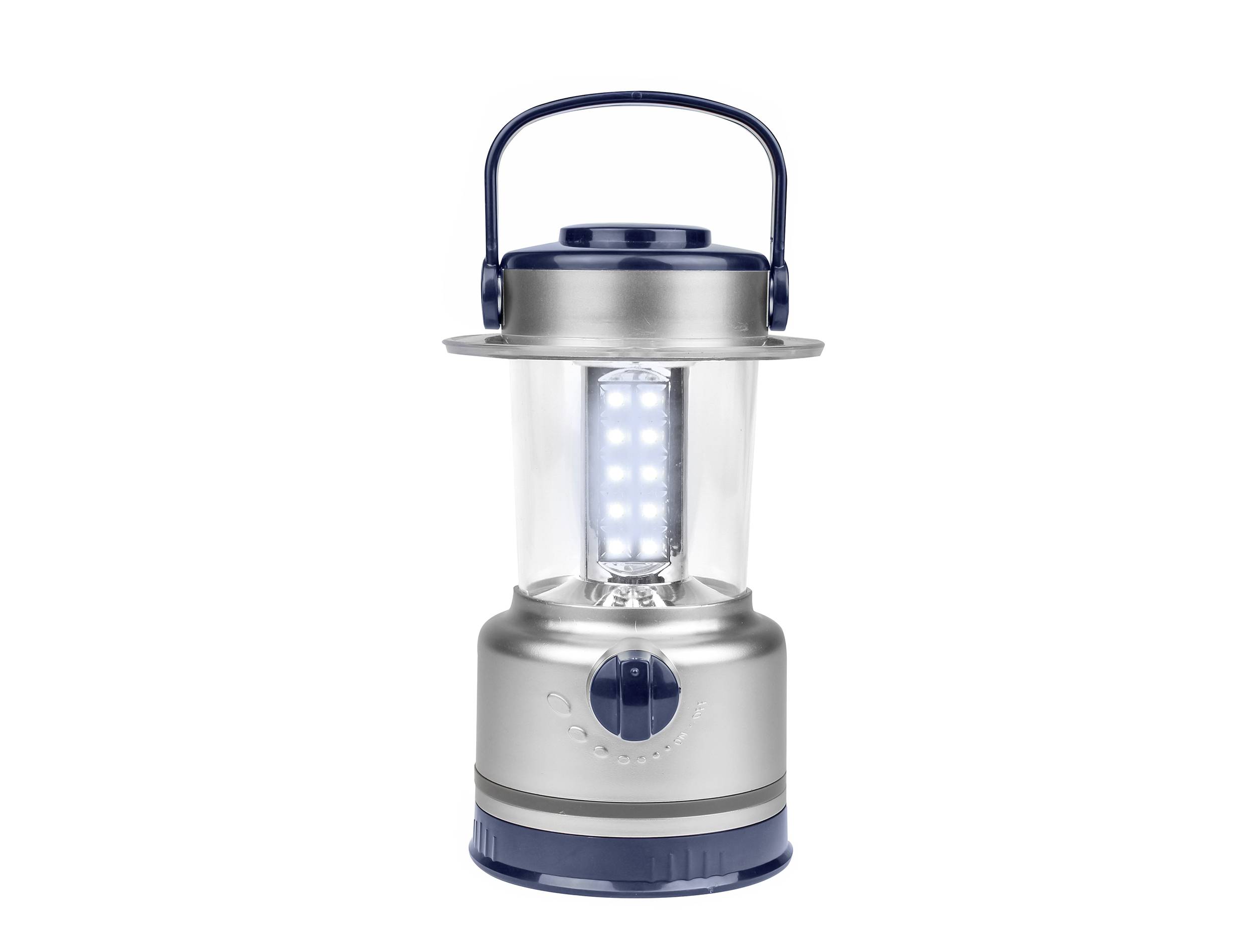 Lanterne LED argentée avec base bleue, poignée et variateur de luminosité au centre. Idéale pour le camping ou l'éclairage de secours.