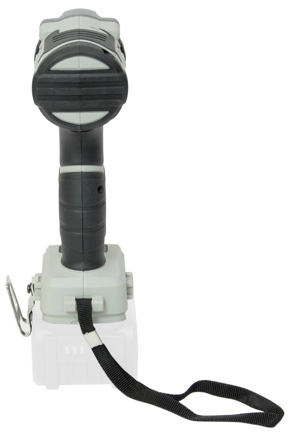 Lampe de poche rechargeable avec poignée ergonomique et dragonne, orientée verticalement. Idéale pour un éclairage mains libres.