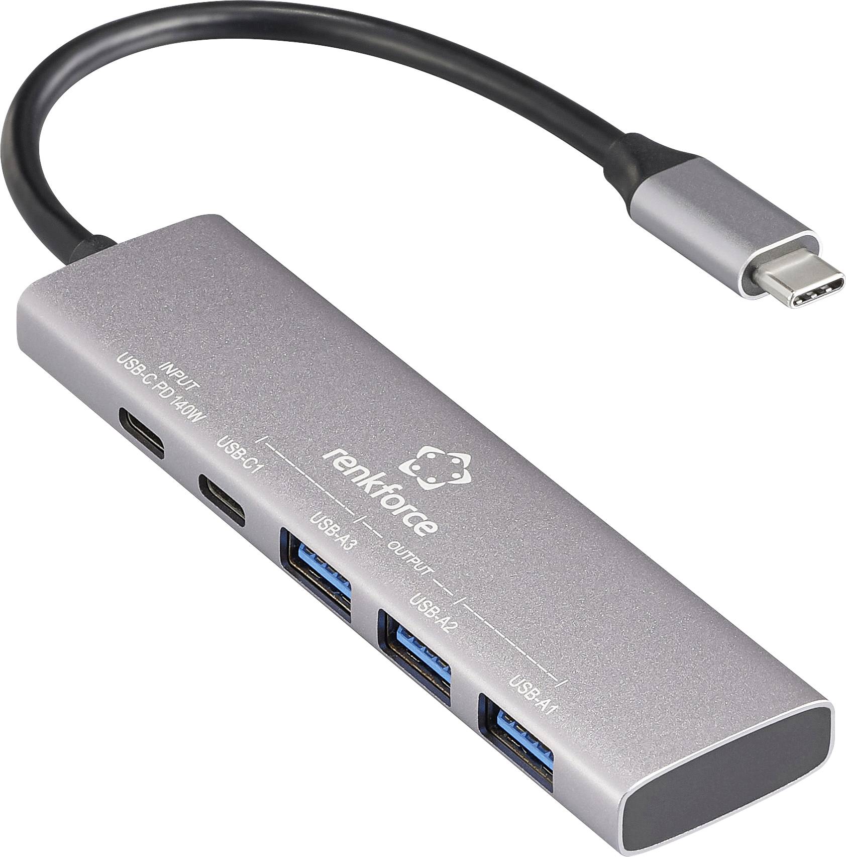 Hub USB-C multiports : deux ports USB-C, trois ports USB-A. Marque 'renkforce'. Idéal pour une connectivité étendue.
